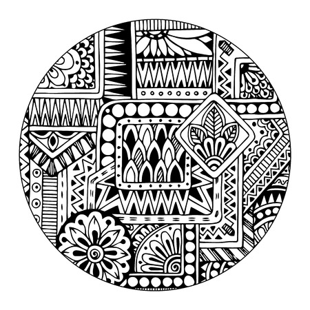 Ethnic tribal pattern in circle. Black and white mosaic mandala. Abstract vector background. Abstract striped geometric tribal pattern.  Monochrome geometric ornament.のイラスト素材