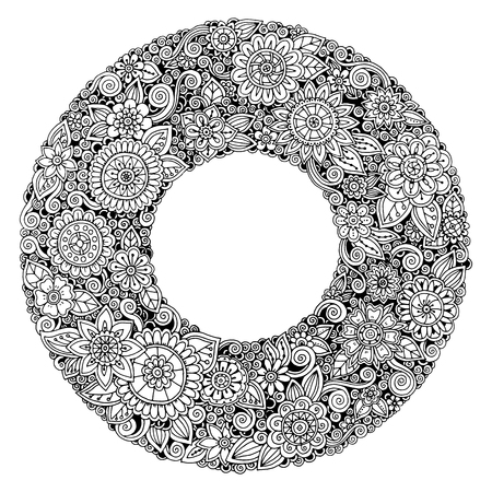 Black and white circle flower ornament, ornamental round lace design. Floral mandala. Hand drawn ink pattern made by trace from personal sketch.のイラスト素材