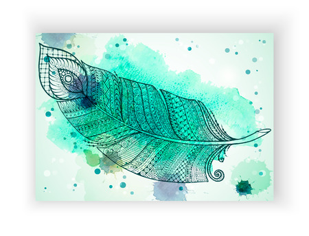 Vector template poster with watercolor paint and ethnic feather abstract background. Abstract Aquarelle Background for Business Flyers, Posters and Placards.のイラスト素材