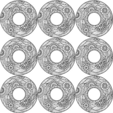 Doodle seamless background in vector with doodles, flowers and paisley. Vector ethnic pattern can be used for wallpaper, pattern fills, covers and books. Black and white.のイラスト素材