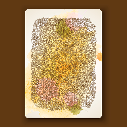 Greeting card with flowers. Hand painting artwork with watercolor splash. Background for web, printed media design. Banner, business card, flyer, invitation, postcard.のイラスト素材