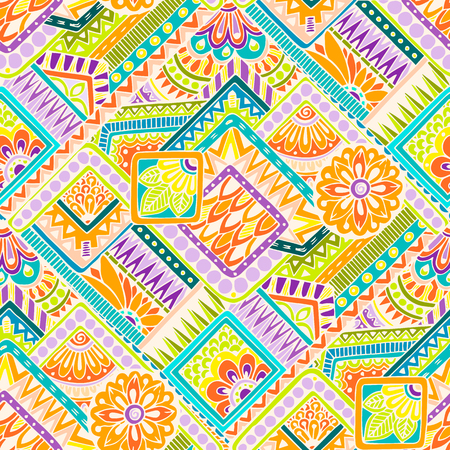 Seamless asian ethnic floral retro doodle background pattern in vector. Henna paisley mehndi doodles design tribal patternのイラスト素材