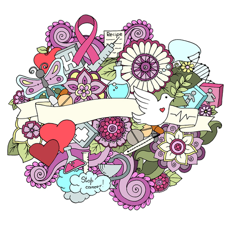 Global collaboration breast cancer awareness month colorful doodle illustration. Medical Background with ribbon, dove, women and men icons, heart, abstract breast, medicine bottle and pills.のイラスト素材