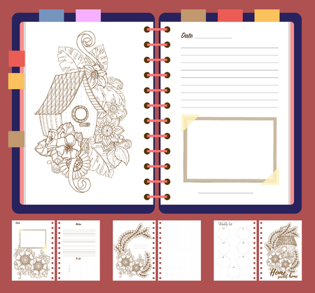 Flat design opened notepad with bookmarks isolated and with adult coloring page, notes and to do list in top view. Sketchbook, coloring book or diary mockup. Vector illustration of birdhouse and flowers.のイラスト素材