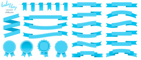 Set of blue ribbons and round stickers. Paper scrolls. Blue ribbon vector icons on white background. Sticker and kids boy decoration for app and web. Label, badge and borders collection.のイラスト素材
