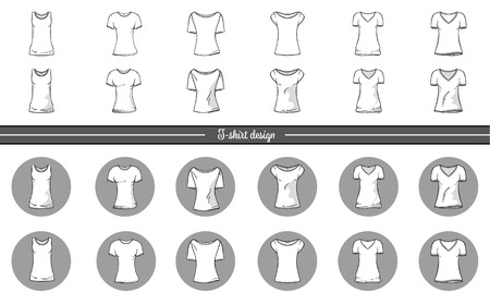 Vector illustration of line art style and realistic womens t-shirt without mesh. Front view. Set t-shirts mockup.のイラスト素材
