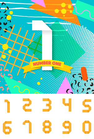 Number one ribbon on Neo Memphis geomertric background. White paper Number one, yellow ribbon. Poster or brochure template for anniversary, happy birthday. Vector illustration bright background.のイラスト素材