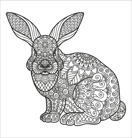 Coloring page for adult and kids coloring book or bullet journal. Doodle floral pattern on the rabbit, hare. Flowers and geometric lines. Black and white vector backgroundの写真素材