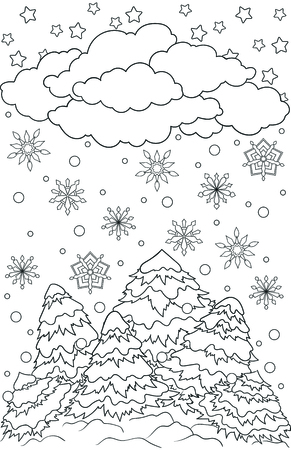 New year and Christmas theme. Black and white graphic doodle hand drawn sketch for adult coloring book. Winter landscape with trees, pines, snowflakes, snow and cloudsのイラスト素材