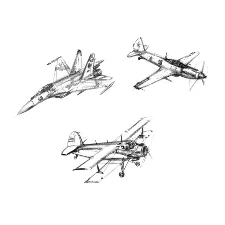 Set of pencil drawn airplanes on white background. Hand-drawnの写真素材