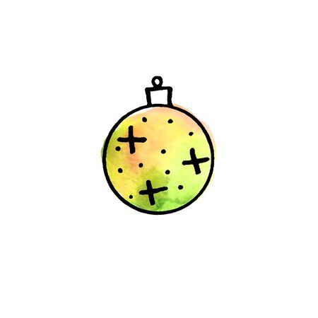 Christmas watercolor tree ball isolated on white background. New year and Christmas line art, doodle, sketch, hand drawn. Simple illustration for greeting cards, calendars, prints.の写真素材