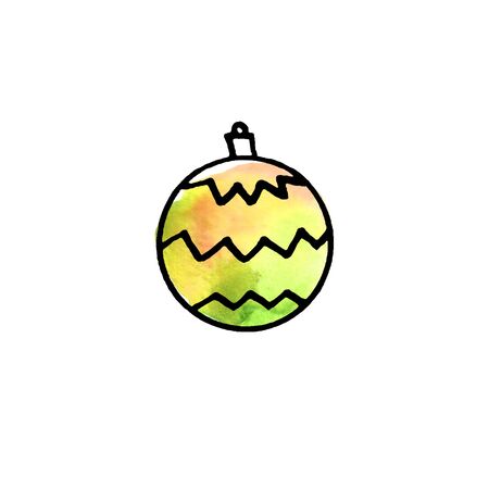 Christmas watercolor tree ball isolated on white background. New year and Christmas line art, doodle, sketch, hand drawn. Simple illustration for greeting cards, calendars, prints.の写真素材