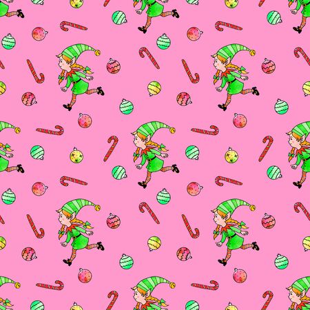 Seamless pattern with Christmas elfes girls, candy cane, sweets, tree balls. New year Xmas backgrounds and textures. For greeting cards, wrapping paper, packaging, textile, fabric, prints.の写真素材