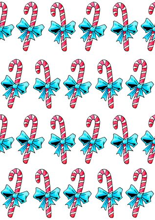 Seamless hand drawn pattern. Watercolor candy cane, sweets, lollipop. New year, Xmas, holidays backgrounds and texture. For greeting cards, wrapping paper, fabric, print.の写真素材