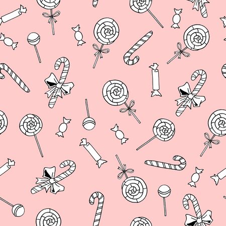 Seamless hand drawn pattern. Candy cane, sweets, lollipop. New year, Xmas, holidays backgrounds and texture. For greeting cards, wrapping paper, fabric printの写真素材