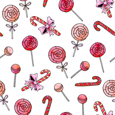 Seamless hand drawn pattern. Watercolor candy cane, sweets, lollipop. New year, Xmas, holidays backgrounds and texture. For greeting cards, wrapping paper, fabric, print.の写真素材