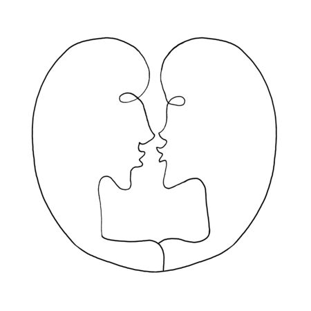 Two person kissing and embrace. Simple witty funny illustration. Line art, doodle. For ad poster or card, print, t-shirt, wedding, Valentine's Day, 14 february.の写真素材