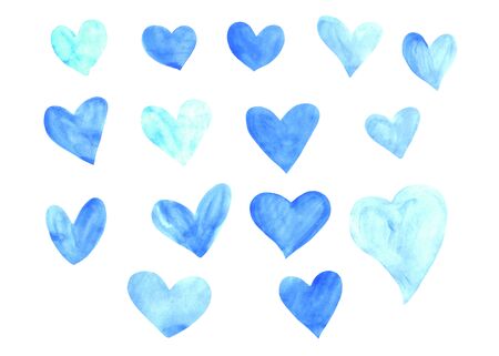 Set of blue watercolor hearts. Perfect for creating romantic postcards and Valentines Day decor. Hand drawn. Isolated on white background,の写真素材