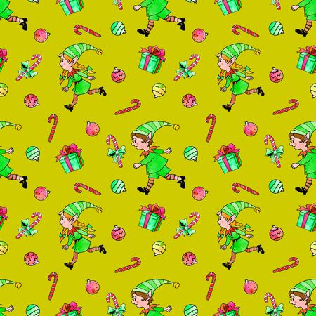 Seamless pattern with Christmas elfes, candy cane, gift boxes, tree balls. New year Xmas backgrounds and textures. For greeting cards, wrapping paper, packaging, textile, fabric, prints.の写真素材