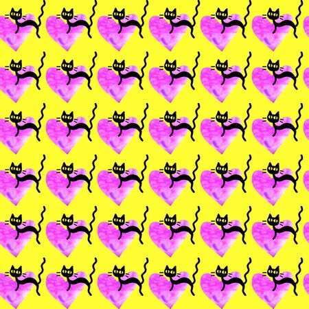 Cute seamless pattern with hearts and cats. Romantic texture for backgrounds, wrapping paper, packaging, greeting cards, prints, covers, fabric, textile, birthday, Valentine's Day.の写真素材