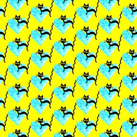 Cute seamless pattern with hearts and cats. Romantic texture for backgrounds, wrapping paper, packaging, greeting cards, prints, covers, fabric, textile, birthday, Valentine's Day.の写真素材