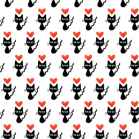 Cute seamless pattern with hearts and cats. Romantic texture for backgrounds, wrapping paper, packaging, greeting cards, prints, covers, fabric, textile, birthday, Valentine's Day.の写真素材