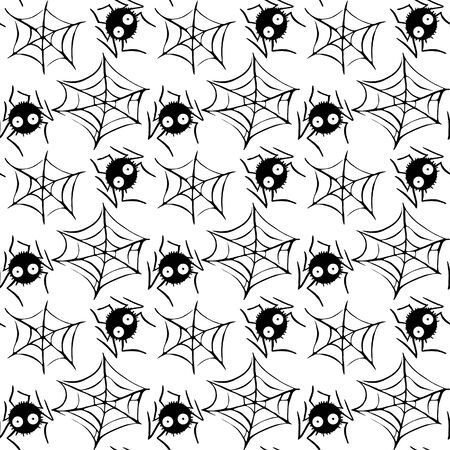 Spider web seamless hand drawn pattern. White black orange background. Halloween texture.の写真素材