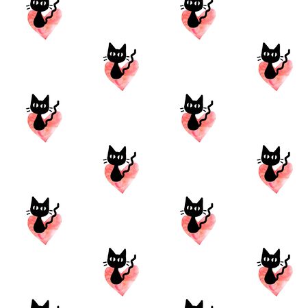 Cute seamless pattern with hearts and cats. Romantic texture for backgrounds, wrapping paper, packaging, greeting cards, prints, covers, fabric, textile, birthday, Valentine's Day.の写真素材