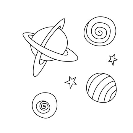 Planets, dark holes, stars, satellites, space objects. Design element, icon on the theme of cosmos, UFO. Doodle vector illustration.のイラスト素材