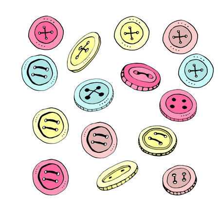 Clothes button color. Accessory, doodle, hand drawn, icon element of design. Pink yellow blue.