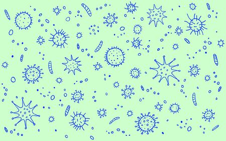 Virus, Coronavirus. Background, pattern, frame with outline Molecules and cells viral bacteria infection. Simple doodle icons. Microbiology.の写真素材