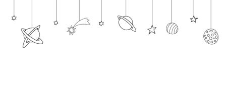 Seamless pattern on theme of space, cosmos, UFO. Background with simple contour stars, planets, comet, flying saucer, spacecraft, Moon hanging on upper edge.のイラスト素材