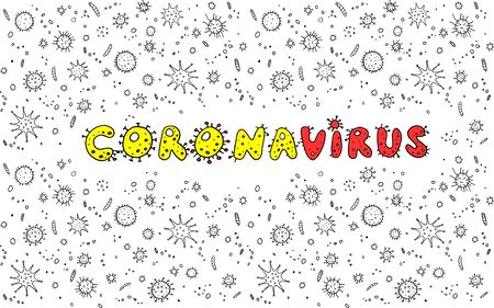 Coronavirus, Virus. Color lettering doodle handwritten hand drawn. Background, frame with Molecules viral bacterial infection.の写真素材