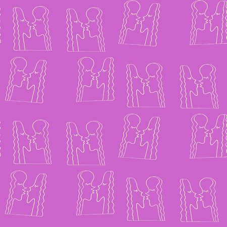 Seamless pattern with kissing people. Line art, doodle, outline abstract kiss as symbol of love. We are connected. Simple vector background, texture.のイラスト素材