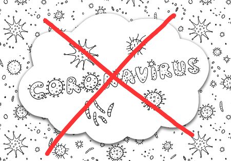 Stop coronavirus 2019-nCoV, Virus. Outline contour lettering doodle handwritten black and white. Background, frame with Molecules viral bacteria infection.の写真素材