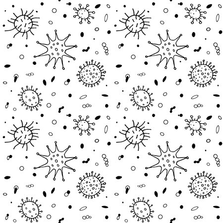 Seamless pattern bacterium virus vector illustration. Stop COVID-19. Black and white background, texture, wallpaper. Outline doodleのイラスト素材