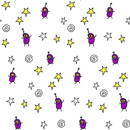 Vector color seamless repeating childish pattern with cute monsters aliens and space doodles. Baby background perfect for fabric, wrapping, wallpaper, textile, apparel, cover.のイラスト素材