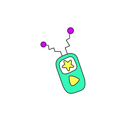 Radio, walkie-Talkie, transmitter, mobile phone in cartoon sketch style. Design element on the theme of UFO, cosmos, aliens, communication, Initial contact. Hand drawn doodles vector bright color illustration.のイラスト素材