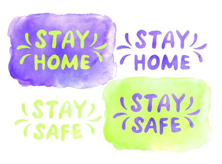 Stay home, stay safe - watercolor lettering on theme of quarantine, self-isolation times and coronavirus prevention. Phrase for social networks, flyers, stickers, typography poster.の写真素材