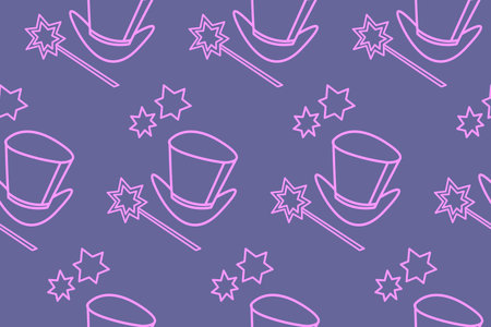 Seamless pattern with Icon, symbol of a magician, wizard or conjurer. Top hat, shiny magic wand. Blue purple pink vector texture. Party poster, advertising, banner, placard design template.のイラスト素材