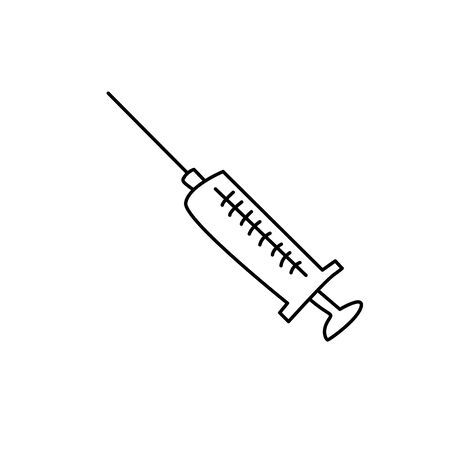 Medical syringe icon. Hand drawn outline doodle. Medical supplies, medications to treat and protect against the virus. Covid-19, coronavirus. Isolated on white background. Vector EPS10 illustration.のイラスト素材