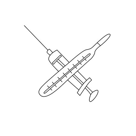 Medical icon. Crossed syringe and a thermometer. Symbol of treatment, protection from virus, disease. Stop covid-19, the coronavirus. Outline doodle Isolated on white background. Vector EPS10.のイラスト素材