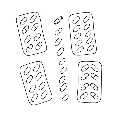 Simple Doodle medicine packing of pills, tablets, capsules isolated on white background. Vector. Health and care. Design for clinics, hospitals, pharmacies, medical poster.のイラスト素材