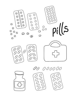 Simple Doodle medicine pills, tablets, capsules and packaging bottle, first aid kit isolated on white background. Vector EPS10 illustration. Design for clinics, hospitals, pharmacies, medical posterのイラスト素材