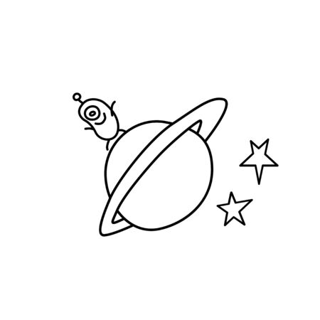 Cute funny aliens are standing on round moon, planet. Taking over the world. Emotions. Design element, icon on the theme of UFOs, space. Doodle vector outline illustration.のイラスト素材