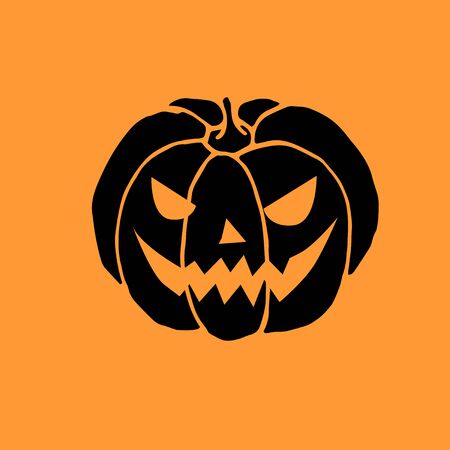 Simple black silhouette Halloween pumpkin isolated on orange background. Jack'O Lantern. Vector hand drawn illustration in flat style.のイラスト素材