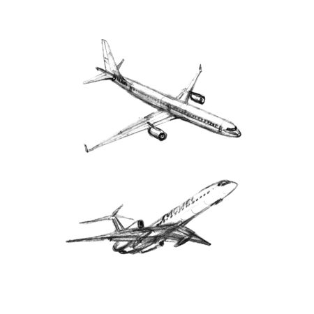 Set of airplanes on a white background. Hand drawn pencil illustrations. Black and white.の写真素材