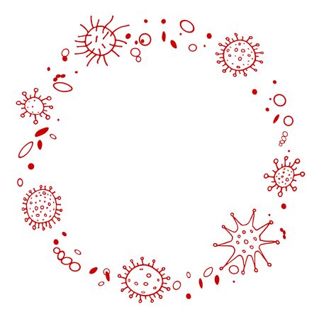 Background, frame with Virus. The Molecule viral bacteria infection. Coronavirus. Contour doodle outline vector. Elements setのイラスト素材