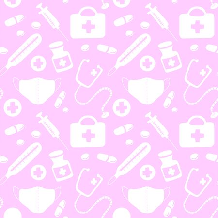 Seamless pattern with icons medical tools and medicines - first aid kit, syringe, stethoscope, thermometer, medical mask, medicine bottle, tablets, pills, capsules. Vector EPS10 in flat style.のイラスト素材