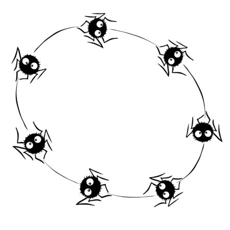 Round Frame of cute little spiders with eyes on web. Halloween vector background. Black and white, isolated, hand drawn illustration.のイラスト素材